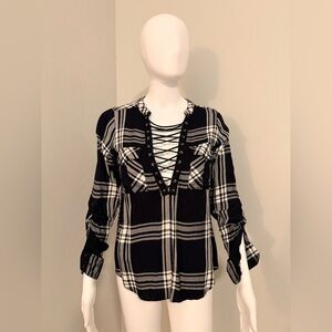 Express Black and White Plaid Lace-Up Shirt
